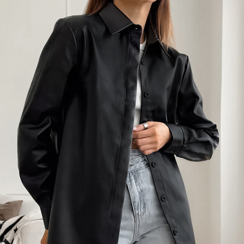 Women Trench Coat PU Leather Long Sleeve Jacket