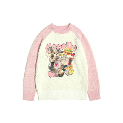 Women Sweater Color Matching Couple Sweater Retro Vibe Loose All-Match