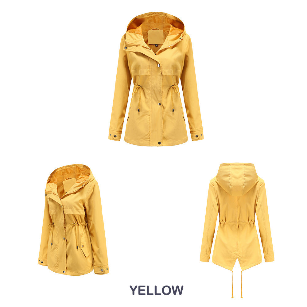 Women Trench Coat Mid-Length Hooded Jacket Long-Sleeved Raincoat