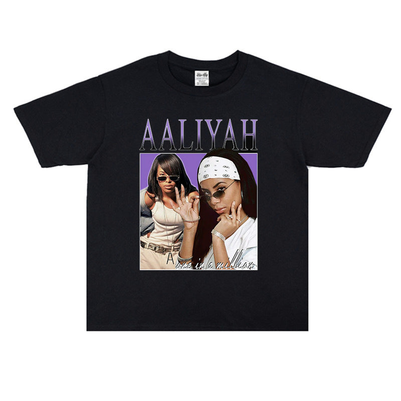 Rock Star T Shirt Aaliyah Men's and Women's Printed Women's Short-Sleeved T-shirt round Neck Cotton Loose