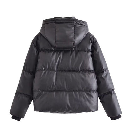 Women Cotton Coat Casual Faux Leather Hooded Jacket