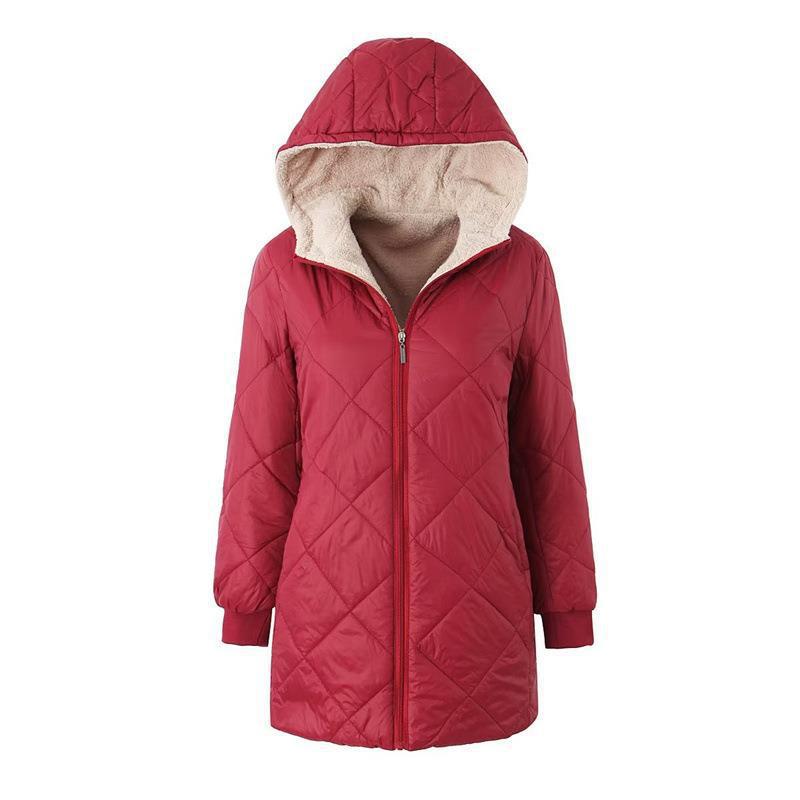 Women Cotton Coat Solid Color Fleece Hooded Jacket