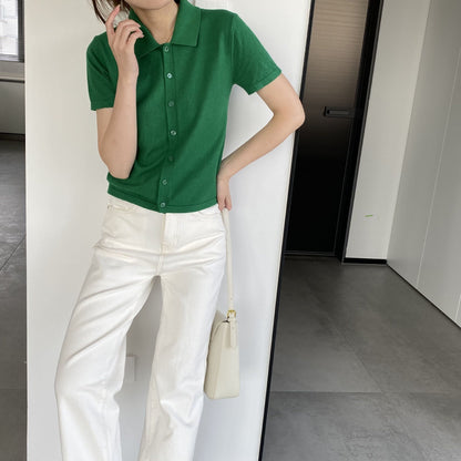 Women Knitted T-shirt Knitted Cardigan Jacket Slim Fit Short Sleeve Polo Collar Top