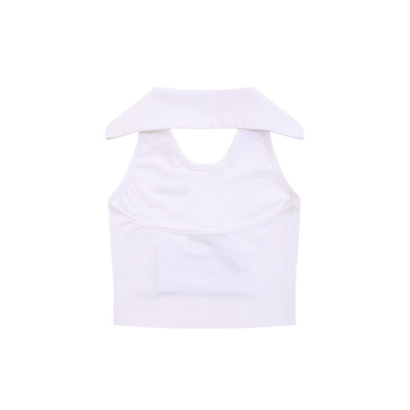 Women Vest Solid Color Polo Collar Halter Sleeveless T-shirt