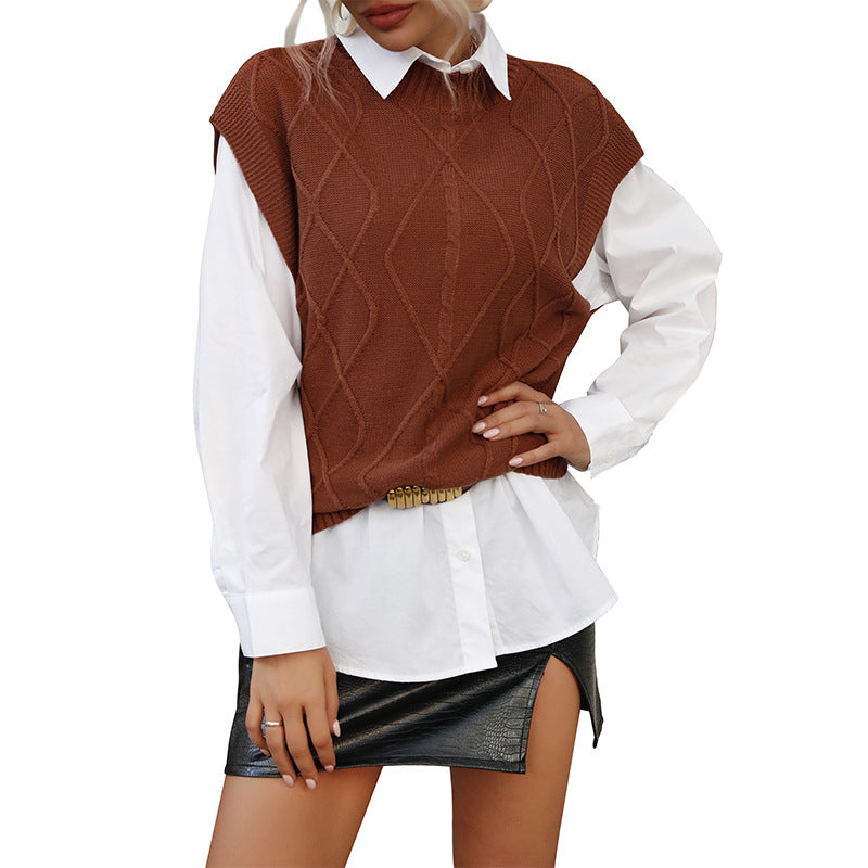 Women Knitted Sweater Autumn Short Sleeve Solid Color Cable-Knit Sweater Vest Jacket