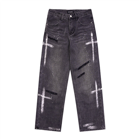 Men Jeans Cross Print Ripped Niche