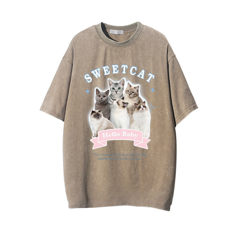 Men Vintage T-Shirt Printed Distressed Washed Short-Sleeved T-shirt Men's Summer Casual Loose round Neck