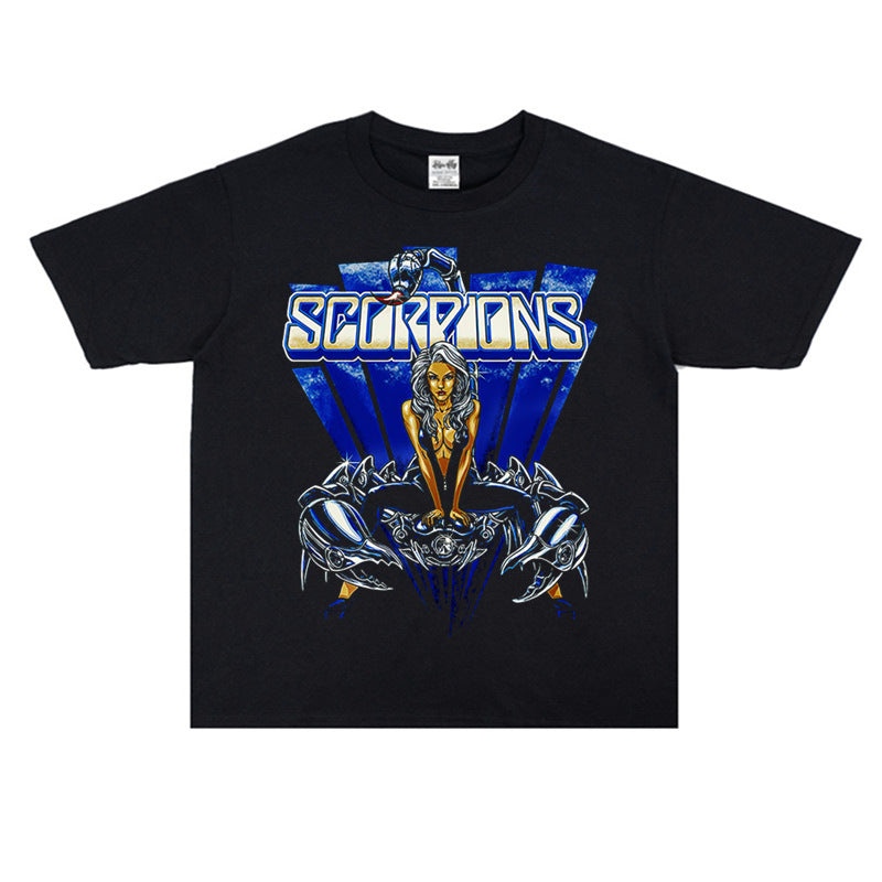Rock Star T Shirt Scorpions Scorpions Short Sleeve Printed Cotton Washed Distressed T-shirt Men and Women Loose