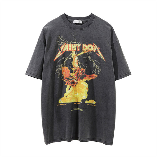 Men Vintage T-Shirt Printed Short-Sleeved T-shirt Men's Distressed round Summer Loose