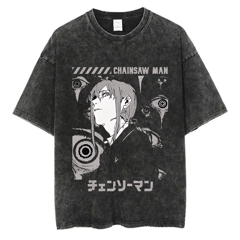 Anime Chainsaw Men Washed Tshirt Retro Hip Hop Streetwear