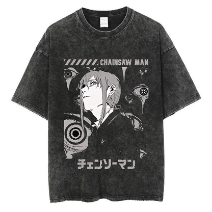 Anime Chainsaw Men Washed Tshirt Retro Hip Hop Streetwear