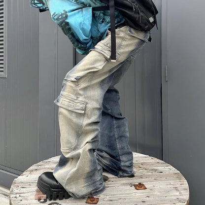 MIJKO Men's Vintage Pants MIJKO Men's and Women's Trousers Washed Wide Leg Color-Changing Jeans