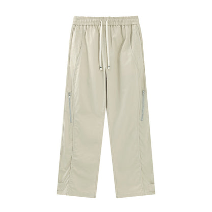 Men Sweatpants Zipper Casual Pants Men's Summer Loose Pure Cotton Straight Wide Leg Pants