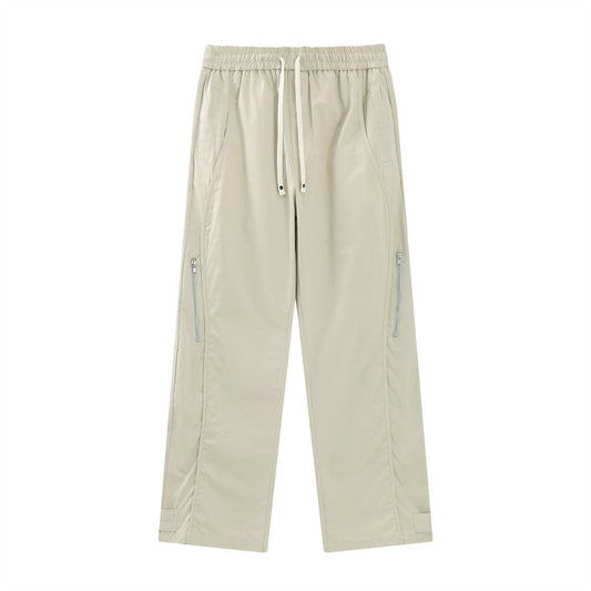 Men Sweatpants Zipper Casual Pants Men's Summer Loose Pure Cotton Straight Wide Leg Pants