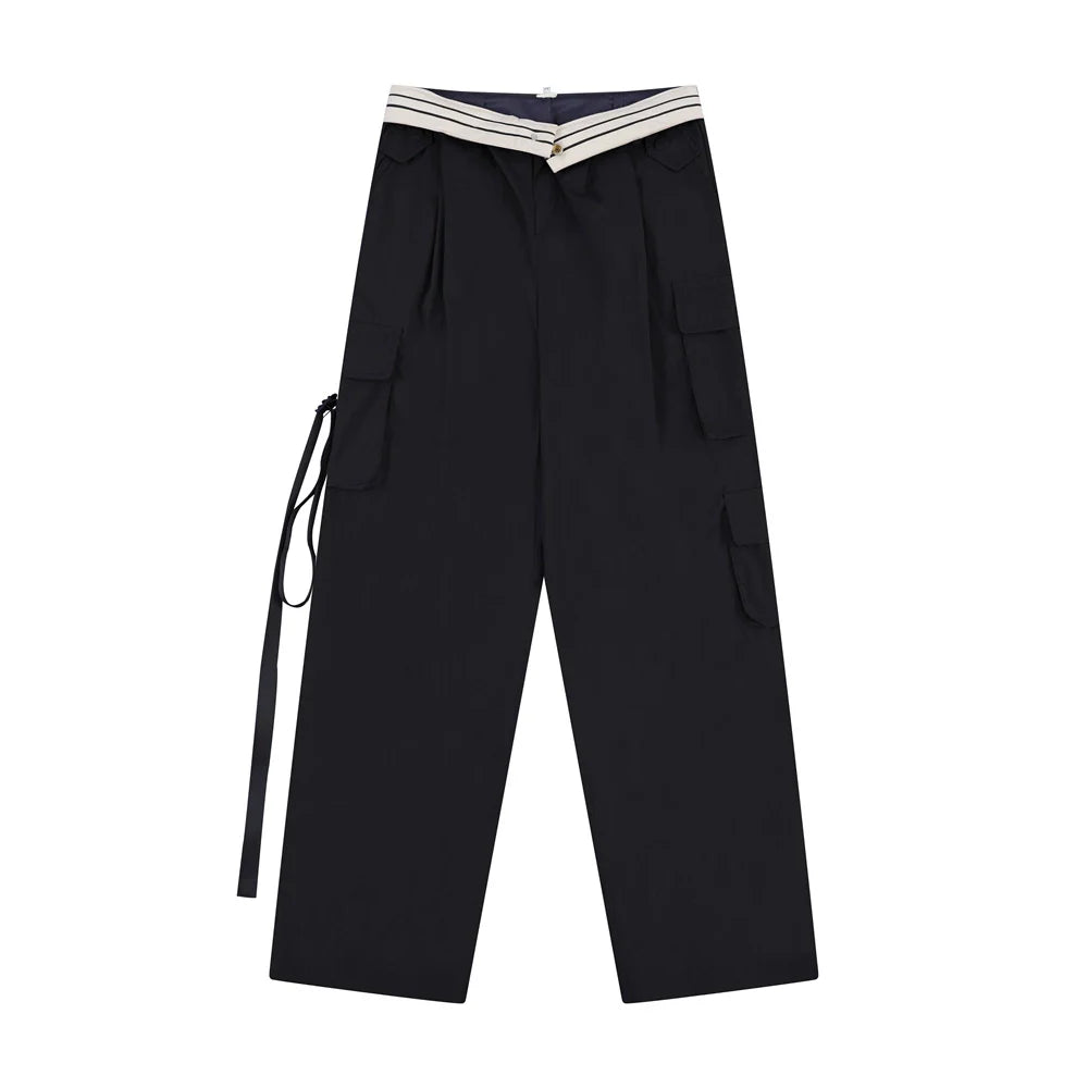 Men Sweatpants Loose Multi-Pocket Streamers Wide Leg Casual Trousers