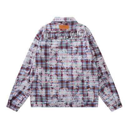 Men Jacket Coat Tie-Dyed Distressed Plaid Shirt Jacket Men's Loose Autumn Long Sleeve Zipper and Lapel Shirt Coat