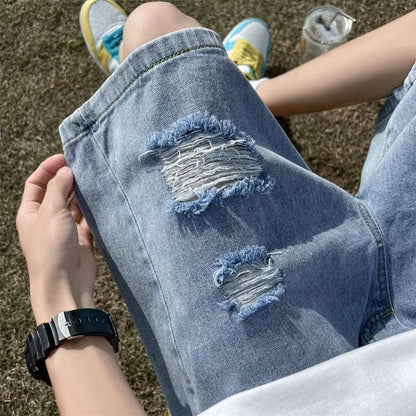 Men Jeans Retro Tattered Jeans Denim Shorts