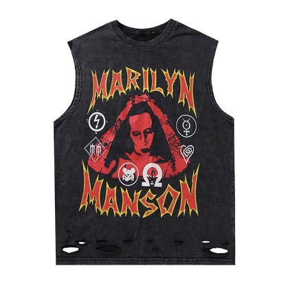 Men Vest Vintage Gothic Cross Washed Distressed Vest