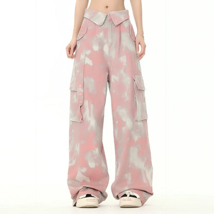 Men Sweatpants Tie-Dyed Long Pants Loose Camouflage Multi-Pocket Workwear Wide-Leg Pants