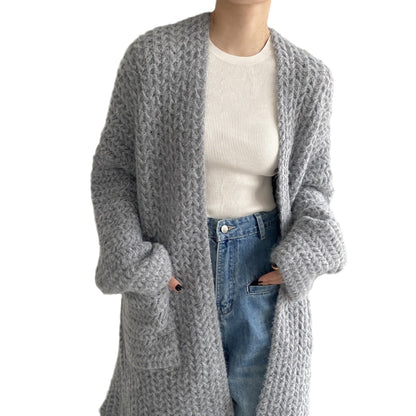 Women Cardigan Sweater Autumn and Winter Loose Pocket Texture Interwoven Long Cardigan Jacket Kc81