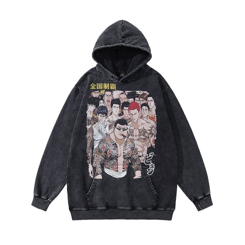 Men Hoodie Punk Skull Print Distressed Hooded Sweater