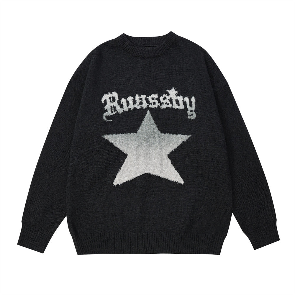 Men Sweater Hip Hop Five-Pointed Star Jacquard round Neck Knitted Shirt
