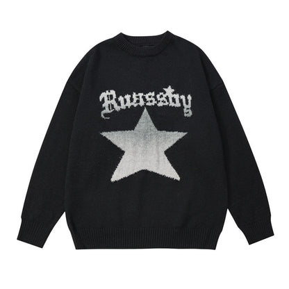 Men Sweater Hip Hop Five-Pointed Star Jacquard round Neck Knitted Shirt
