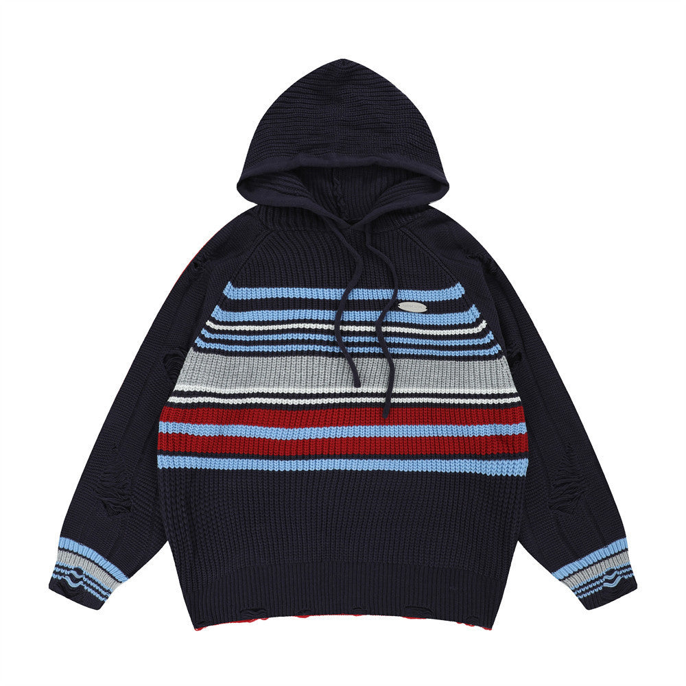 Men Sweater Striped Pullover Sweater with Hat Retro Tatted
