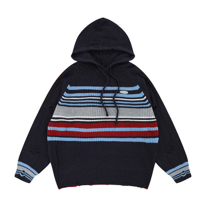 Men Sweater Striped Pullover Sweater with Hat Retro Tatted