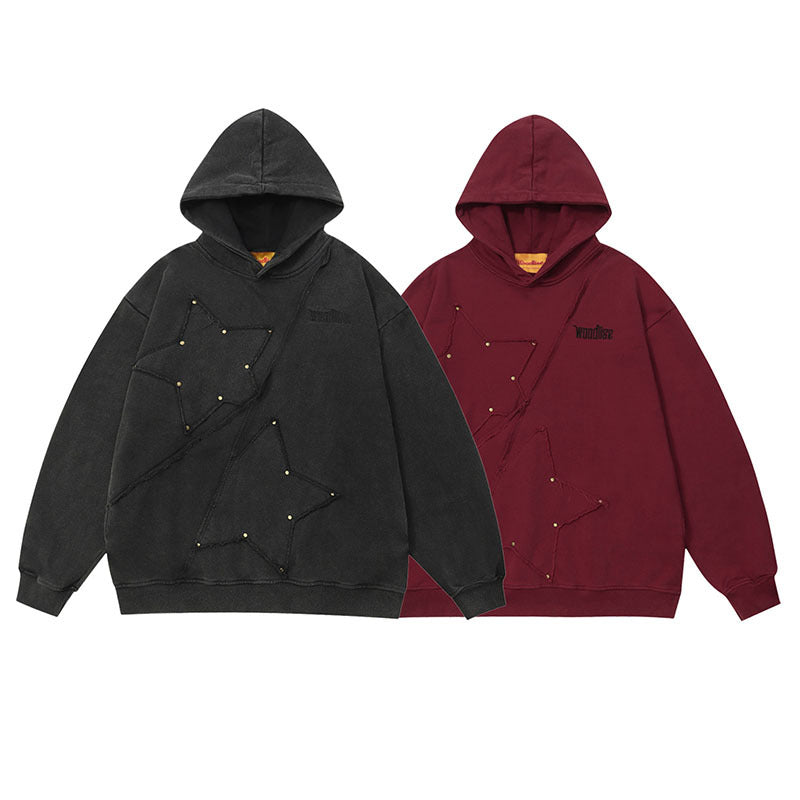 Men Hoodie Vintage Distressed Affixed Cloth Embroidered Couple Hooded Sweater