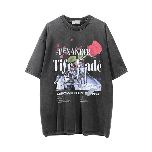 Men Vintage T-Shirt Printed Short-Sleeved T-shirt Men's Casual Loose Distressed Washed round Neck