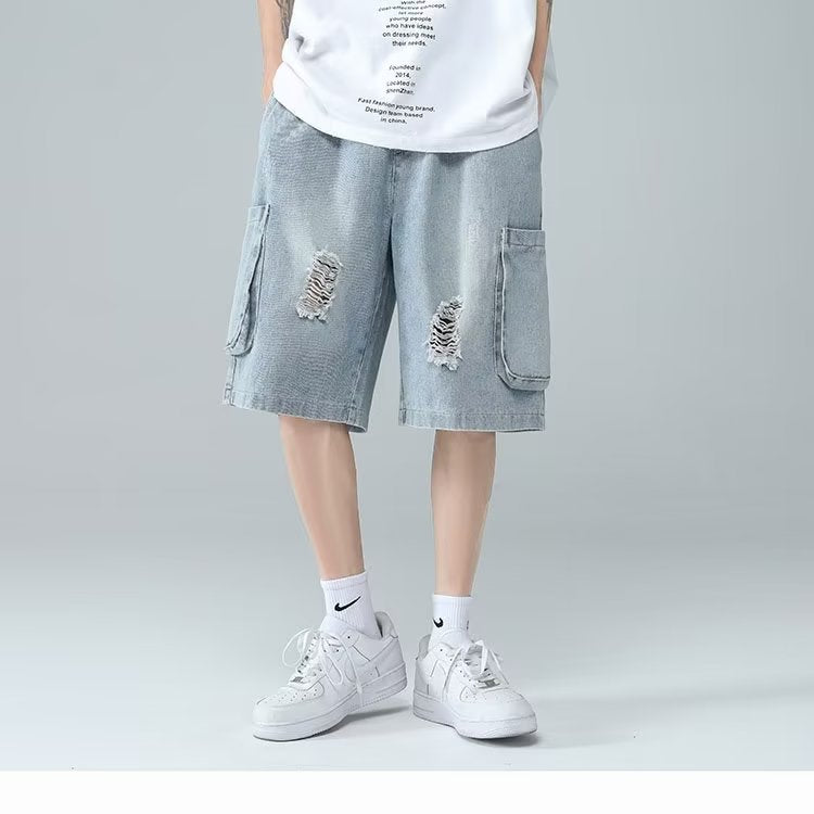 Men Jeans Ripped Workwear Pants Men's Summer Retro Denim Shorts