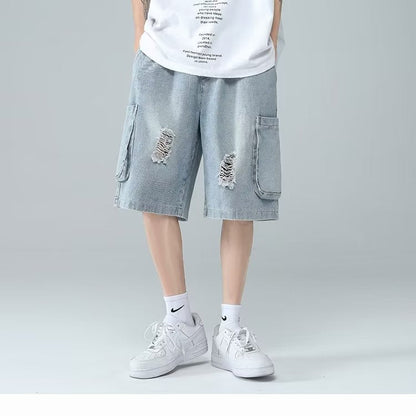 Men Jeans Ripped Workwear Pants Men's Summer Retro Denim Shorts