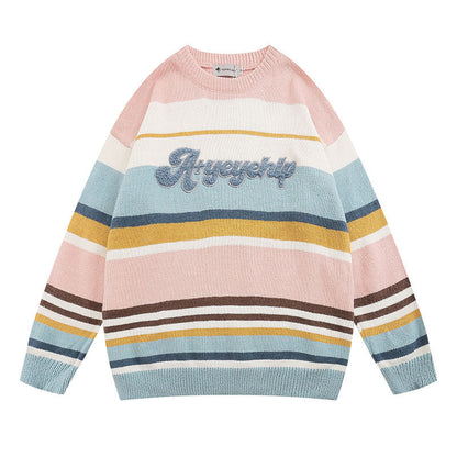 Women Sweater Vintage Mixed Color Stripe Knitted Sweater