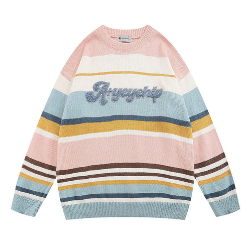 Women Sweater Vintage Mixed Color Stripe Knitted Sweater
