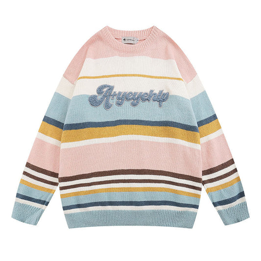 Women Sweater Vintage Mixed Color Stripe Knitted Sweater
