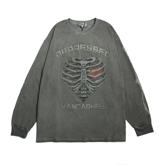 Men Long Sleeve T-Shirt Skeleton Pattern Distressed Loose