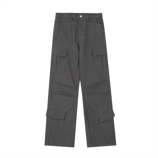 Men Sweatpants Multi-Pocket Workwear Pants Men's Knee Folds Straight-Leg Wide-Leg Pants