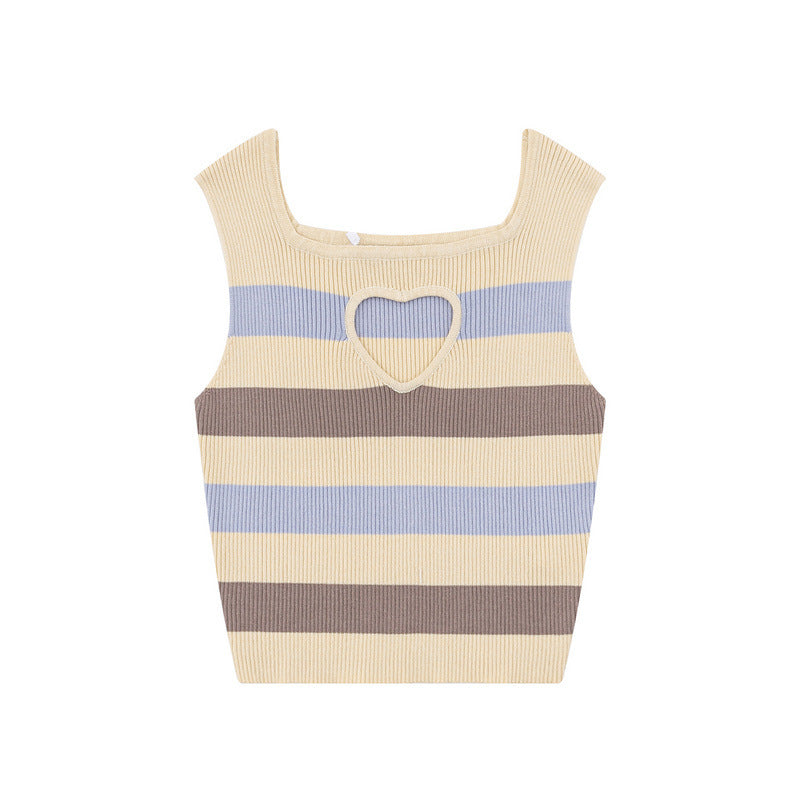 Women Vest Summer Contrast Color Striped Love Heart Openwork Knitted Top