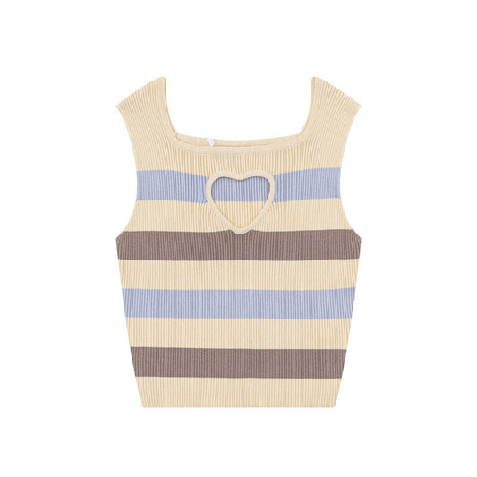 Women Vest Summer Contrast Color Striped Love Heart Openwork Knitted Top