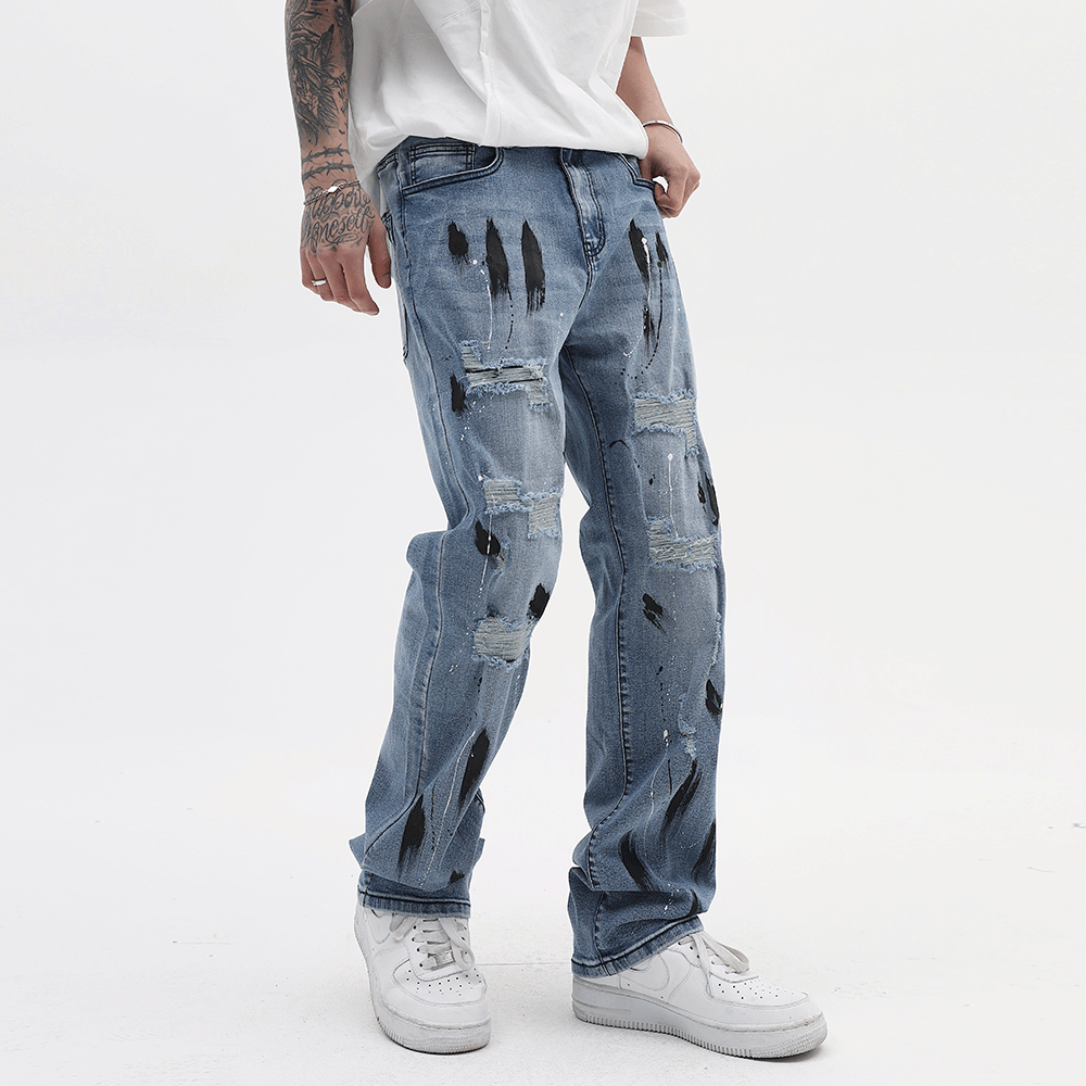 Men Jeans Graffiti Hole Punk Leisure