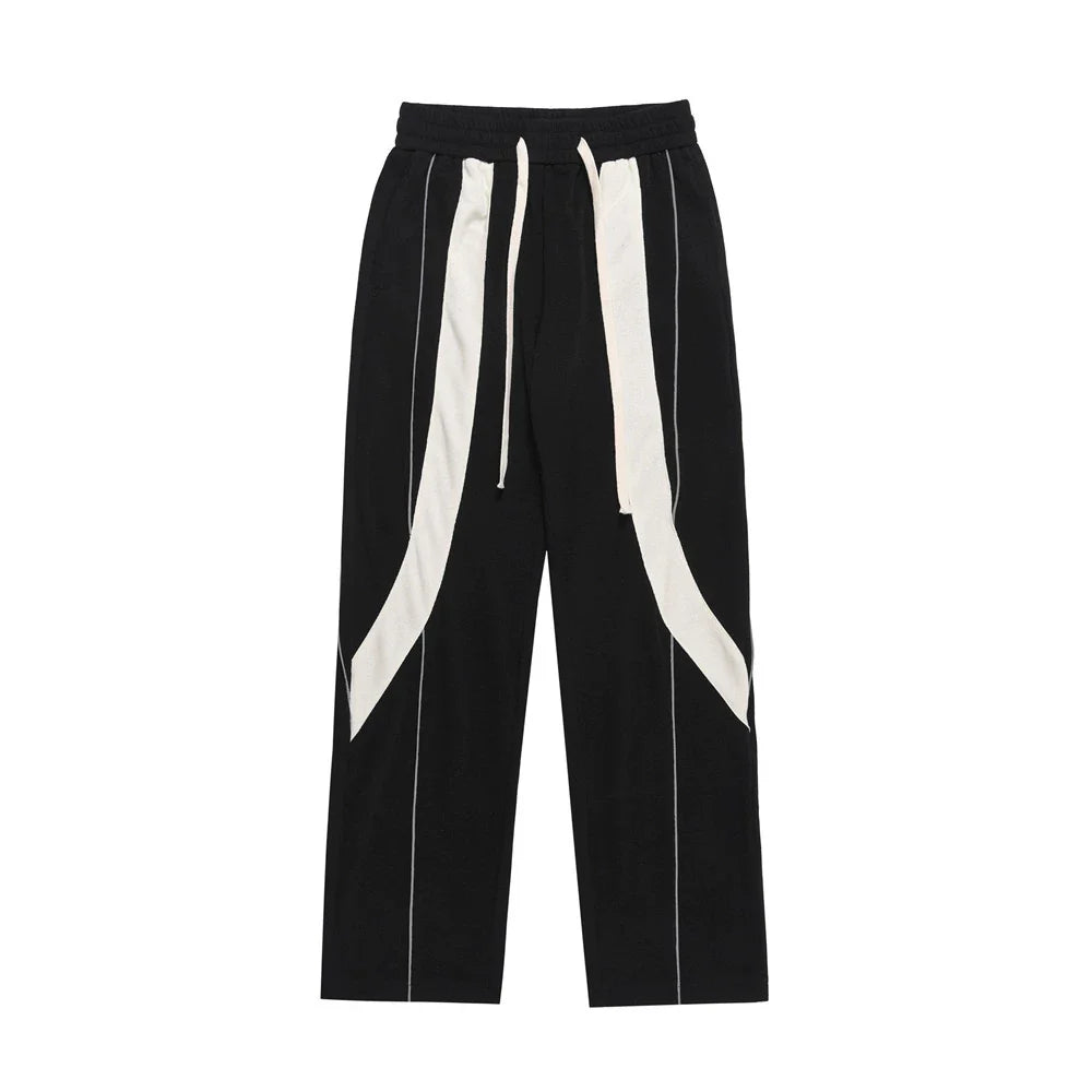 Men Sweatpants Stitching Contrast Color Casual Pants Loose Track Pants Drawstring Elastic Waist Straight-Leg Wide-Leg Pants