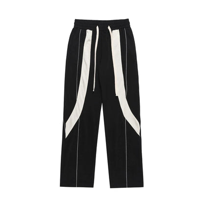 Men Sweatpants Stitching Contrast Color Casual Pants Loose Track Pants Drawstring Elastic Waist Straight-Leg Wide-Leg Pants