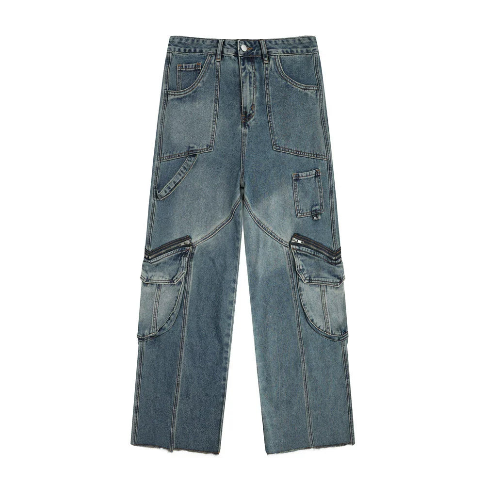 Women Pants Multi-Pocket Jeans Loose Cargo Straight-Leg Pants