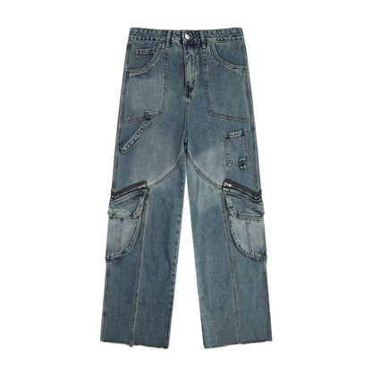 Women Pants Multi-Pocket Jeans Loose Cargo Straight-Leg Pants