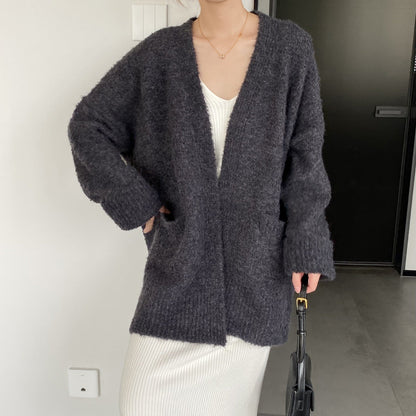 Women Cardigan Sweater V-neck Cardigan Jacket Long-Sleeved Loose Sweater Women's Mid-Length Coat 3t667