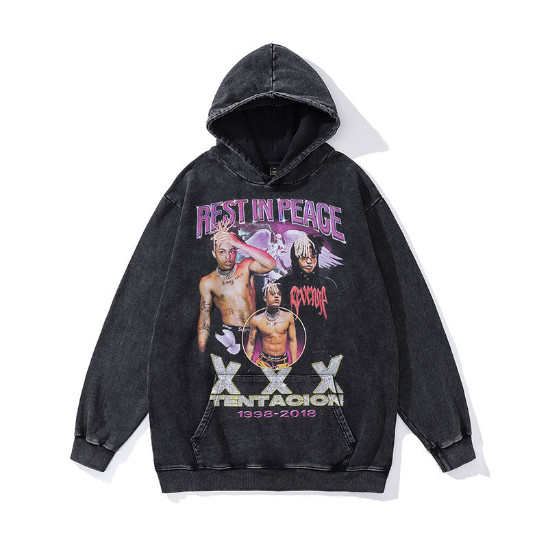 Men Hoodie Portrait Wash Hoodie Retro Hip Hop Distressed Hooded Sweater
