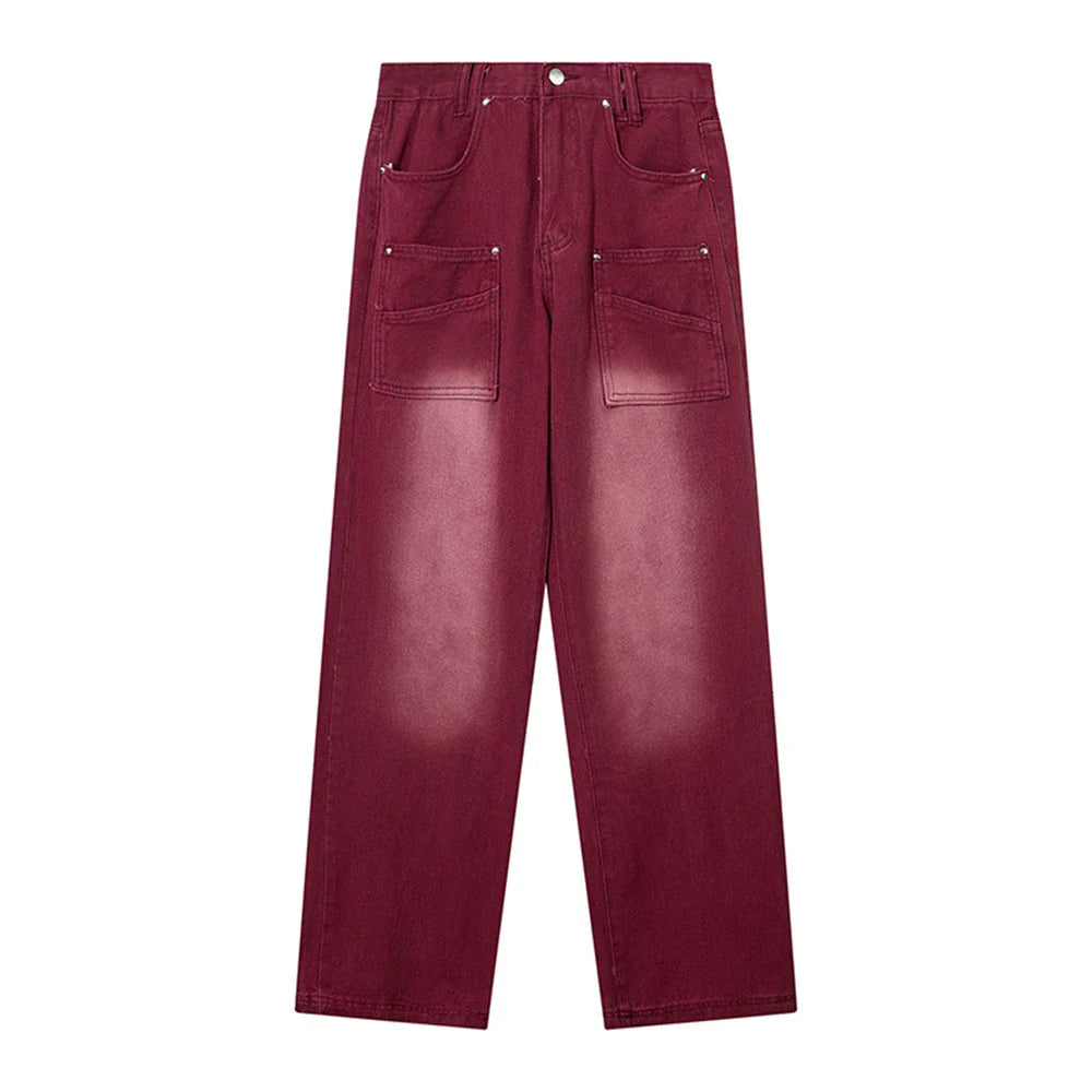 Women Pants Gradient Cargo Jeans Loose High Waist Straight Pants
