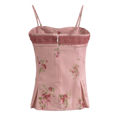Women Tops Summer Lace Printed Suspenders Backless Short Sexy Top