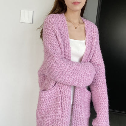 Women Cardigan Sweater Autumn and Winter Loose Pocket Texture Interwoven Long Cardigan Jacket Kc81
